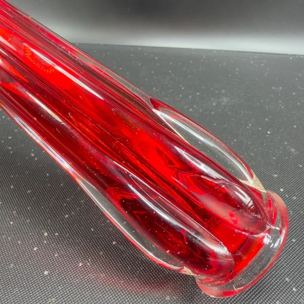 Vintage Ruby Red Swung Glass Bud Vase Ruffled Finger Rim Mid Century Modern‎ VTG
